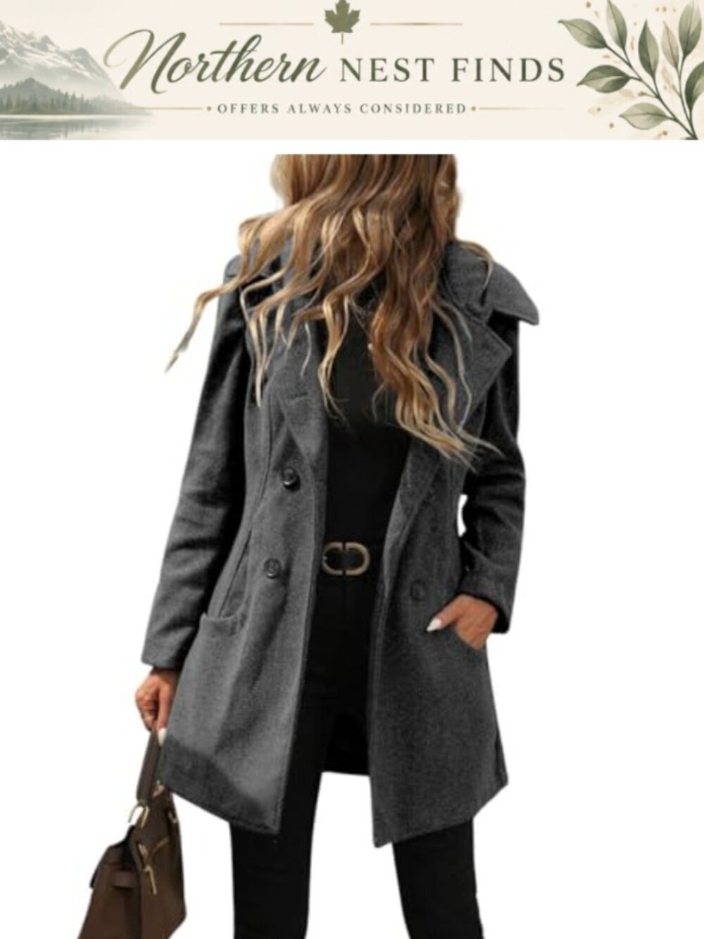 Wool Blend Double Breasted Hooded Pea Coat Winter Trench